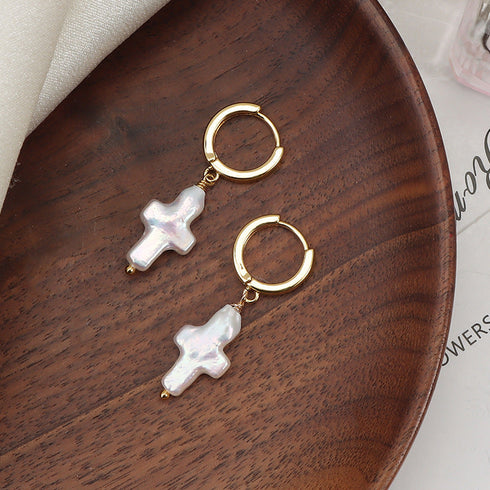 Cross Pearl Hoop Earrings - May-Lynn Jewelry